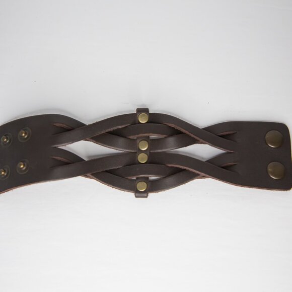 Viking Punk Boho Style Brown Woven Leather Cuff Snap Bracelet - Picture 9 of 10